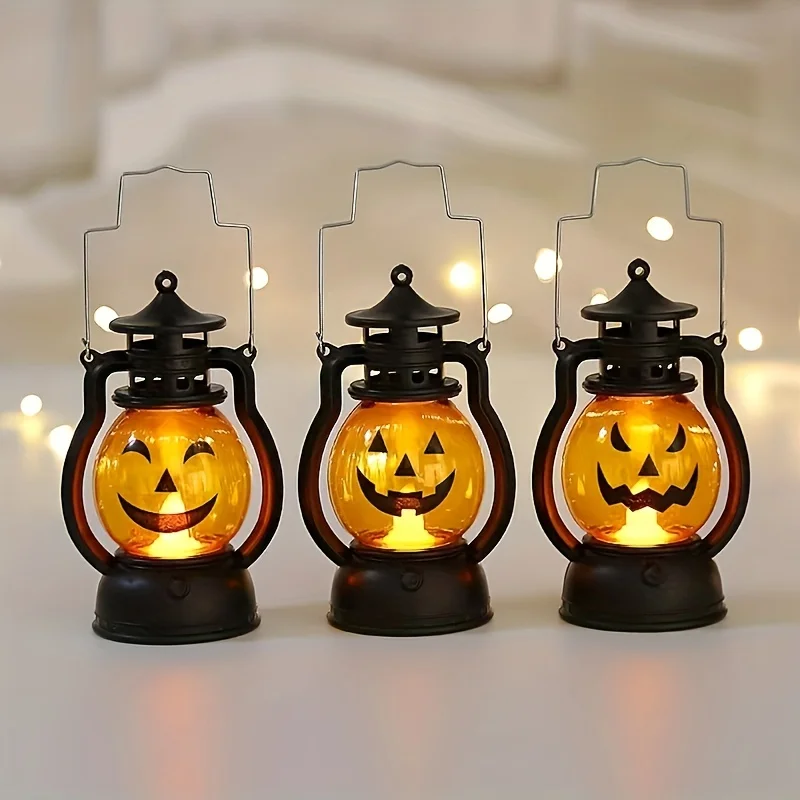 Halloween Hanging Pumpkin Lantern Light LED Ghost Lamp Candle Light Retro Small Oil Lamp Christmas Party Home Decor Horror Props