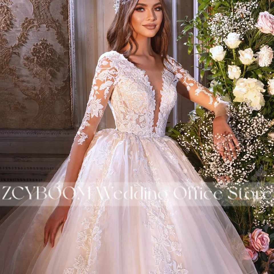 Abiti da sposa eleganti con scollo a V maniche lunghe illusione avorio 2025 Abiti da sposa con applicazioni in pizzo principessa Abiti da sposa Abiti da sposa