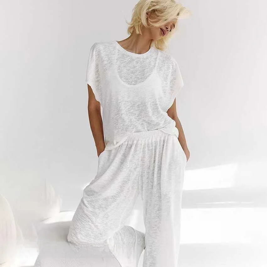 

Comfortable ort Sve Long Pants Set Home Clothes Loose Top And Pants Set Casual Thin Summer Women's round Ne Spwear