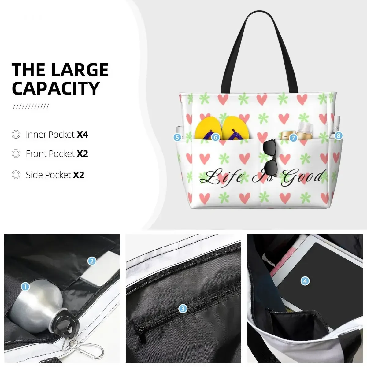 Love Life Large travel bagWaterproof Tote Beach Bag Large Capacity Travel Shopping bags