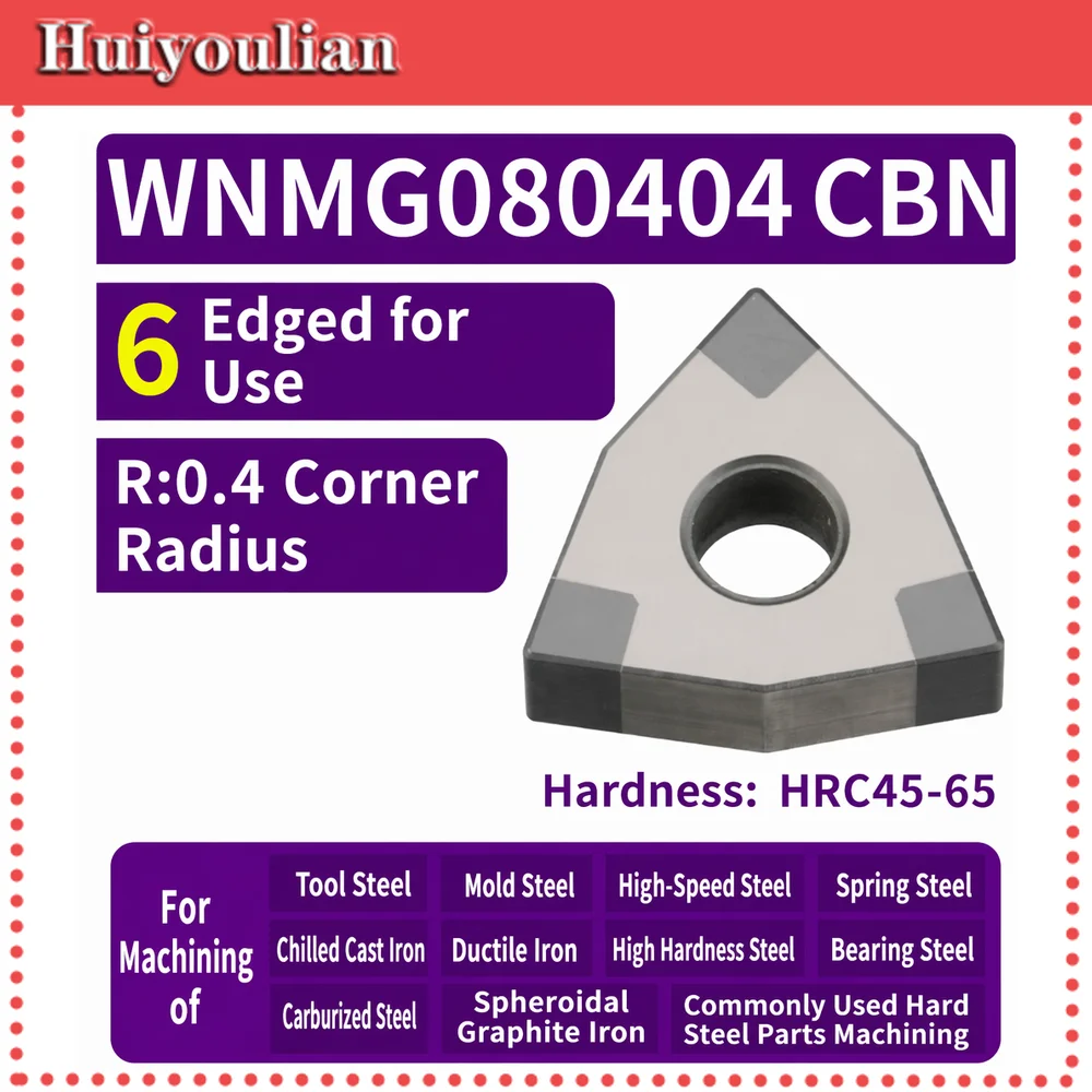 WNMG CBN Insert R0.4-0.8 6 Edges CNC Turning Tool for Hardened Steel HRC45-65 Bearing Die Steel