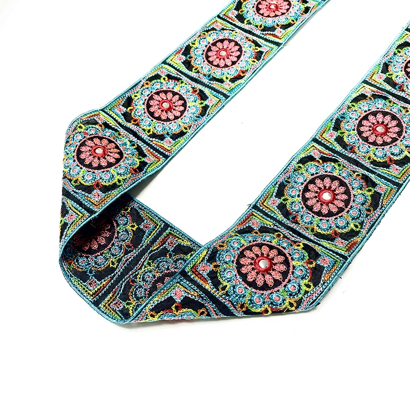 Ethnic Blue Flower Embroidery Fabric Ribbon, Handmade Clothing, Cloth, Shoes, Hats, Bags, Accessories, 7.5cm