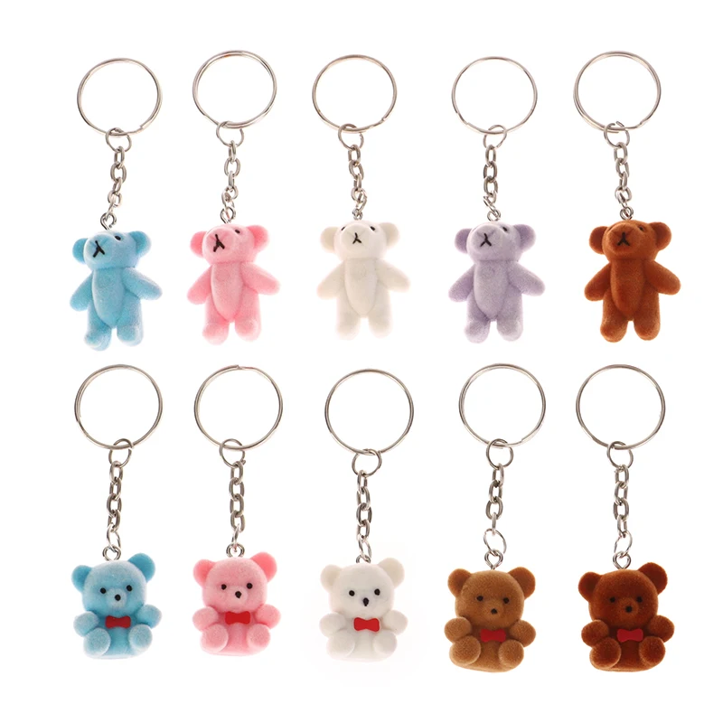 Mini Flocking Bear Doll Keychain Flocking Standing Bear Small Animals Keyring Phone Car Pendant Backpack Charms Bag Decor Gifts