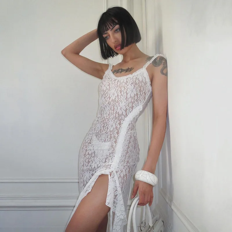 Sexy Fashionable Lace Suspender Party Dress Lace Up Patchwork BacklessProm Gown Drawstring Irregular Long Beach Evening Robes