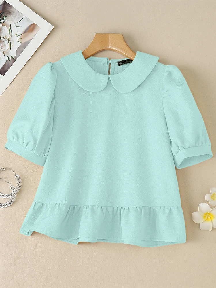

VONDA Women Ruffled Shirts Tunic Tops Fashion Solid Color Blouse 2025 Summer Short Puff Sleeve Casual Lapel Korean Blusas Female