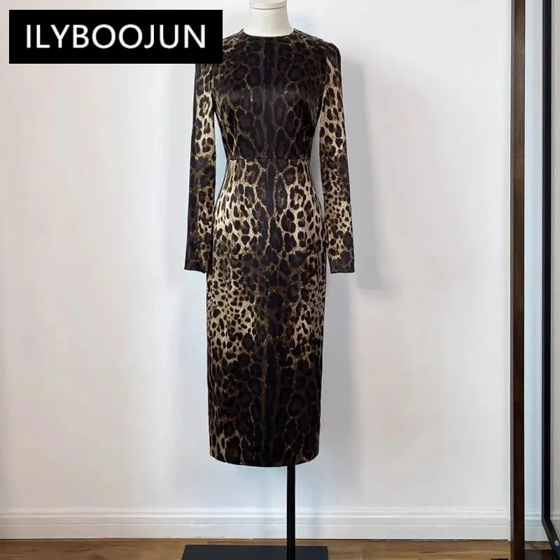 ILYBOOJUN Fashion Designer Early Autumn Silk Pencil Dress Women O-Neck Long Sleeve Leopard Print Vintage Party Slim Dresses