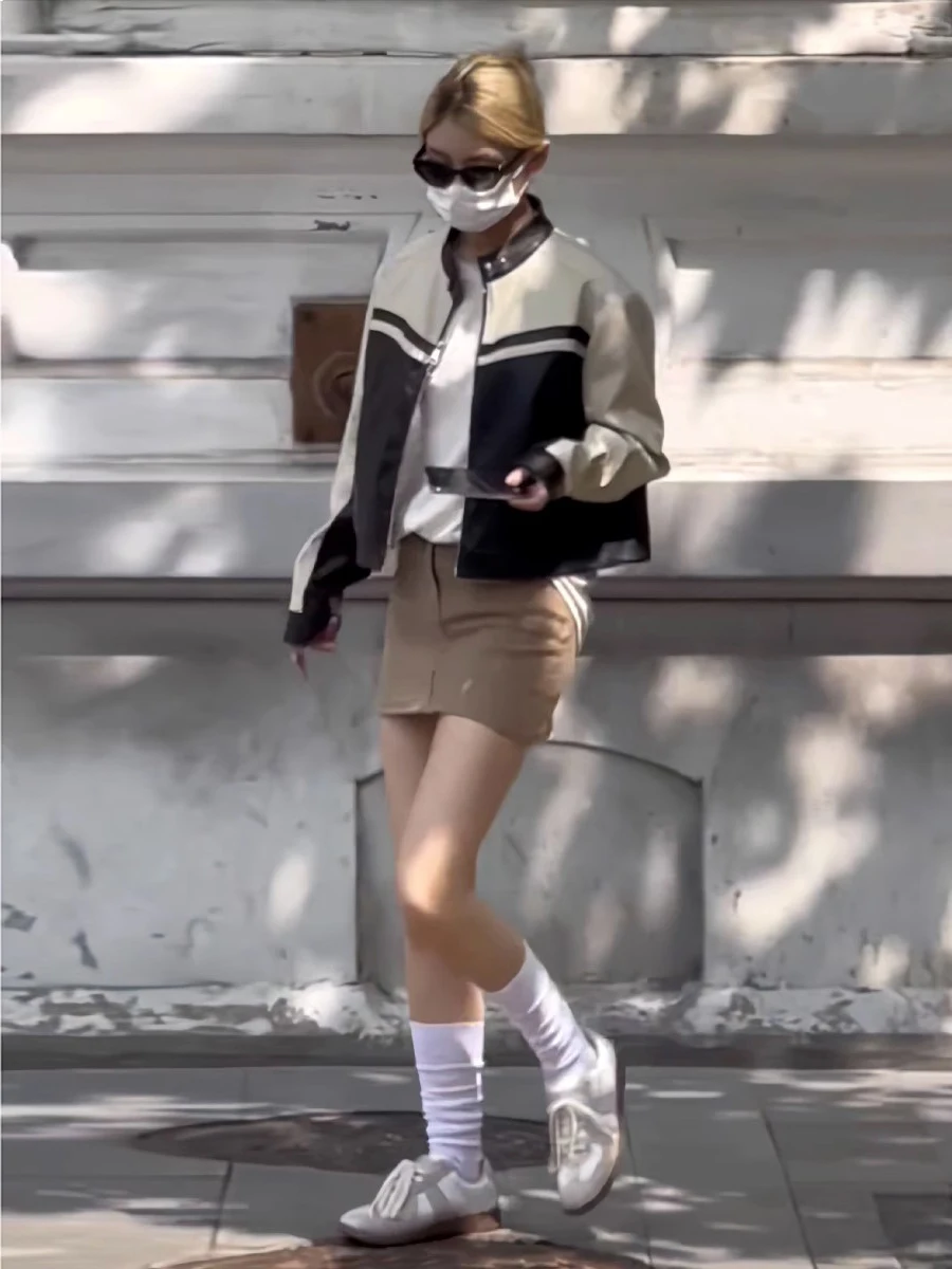 ort American Motorcycle Sle Leather Jaet Damen Frühling Herbst High Street Color Colion Sexy Girl Pilot Jaet Top