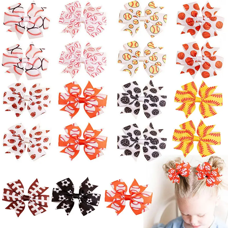 2pcs Printed Basketball Hair Bows With Clips Cheerleading Girls Hair Styling Accessories Grosgrain Ribbon Hair Clip Barrettes