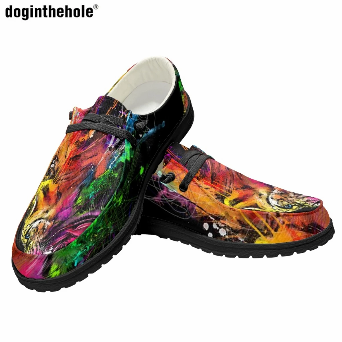 Doginthehole Men's Trendy Canvas Dude Shoes Fashion New Gentleman Art Tiger Pattern Print Design Luxury Brand Casual Flat Shoes