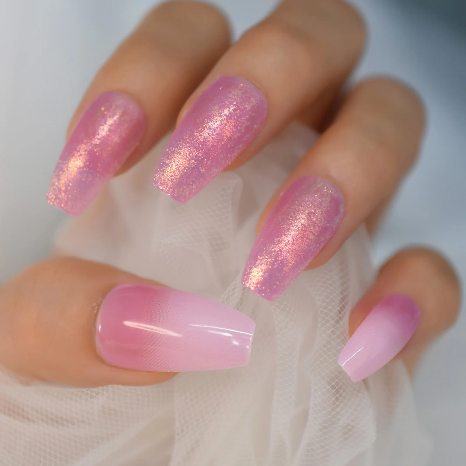 Ombre Pink French Press on False Nails Shiny Glitter Gradient Long Ballerina Coffin Full Cover Fake Fingers Nails faux ongles