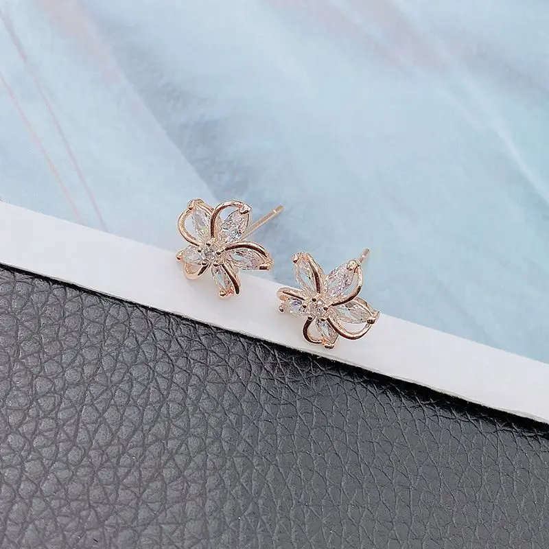 Delicate Gold Color Flower Stud Earrings with Tiny Zircon Paved Shiny Petal Earring for Women Cute Girls Lady Dangler Jewelry