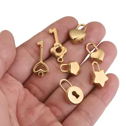 5pcs Stainless Steel Gold Plated Heart Lock Key Series Love Charms Pendants for Diy Necklace Bracelet Jewelry Makings Wholesale