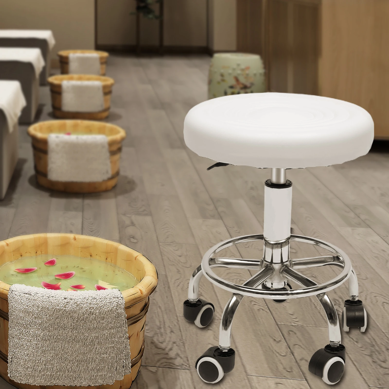 

Round Rolling Stool Height Adjustable with Wheels and Foot Rest for Spa Salon Massage White/Black