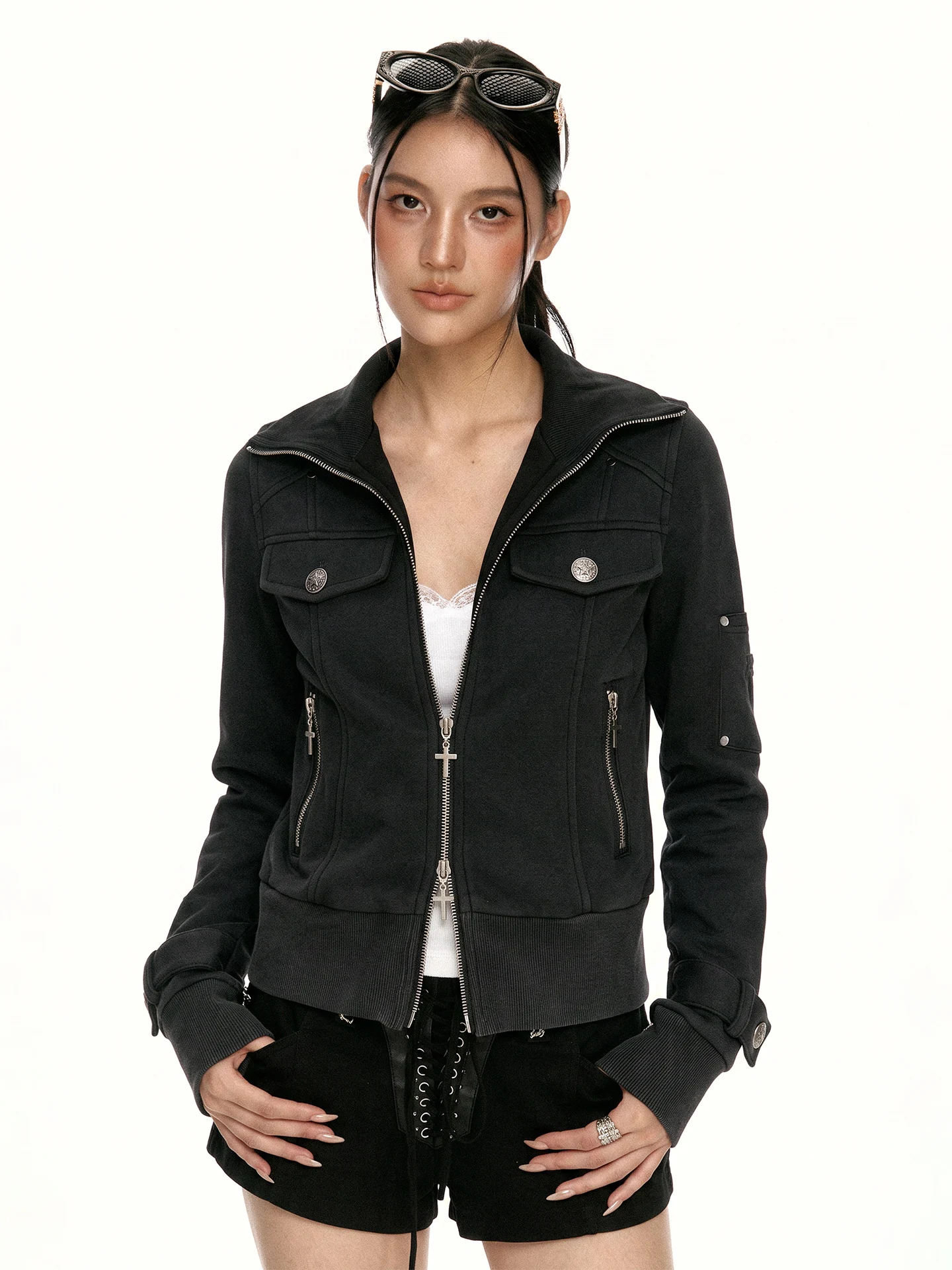 Aaisup American Retro Hot Girl Black Jacket Women's Slimming Versatile Functional Zipper Coat Casual Style Polyester Fiber