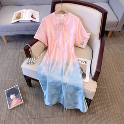 Plus-size women's summer fashion Chinese style dress Gradient polyester fabric imitation silk texture comfortable and breathable