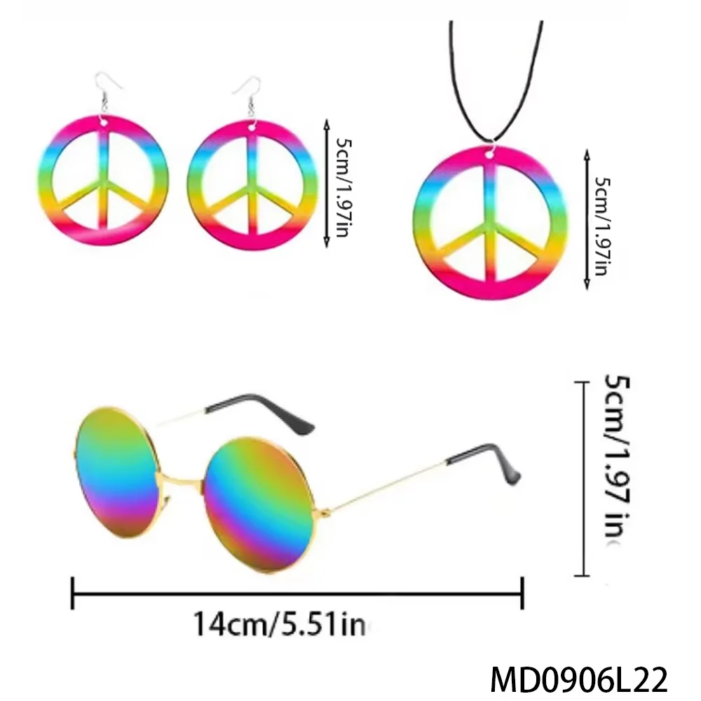 PESENAR jaren 1960 retro 3-delige set: bloem choker, vredesteken sieraden en ronde roze zonnebril voor themafeesten uit de jaren 60
