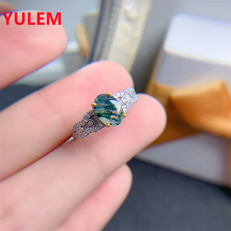 YULEM Natural 6*8mm Moss Agate 925 Sterling Silver Open Rings For Women Green Gemstone Anniversary Wedding Jewelry Unique Gift