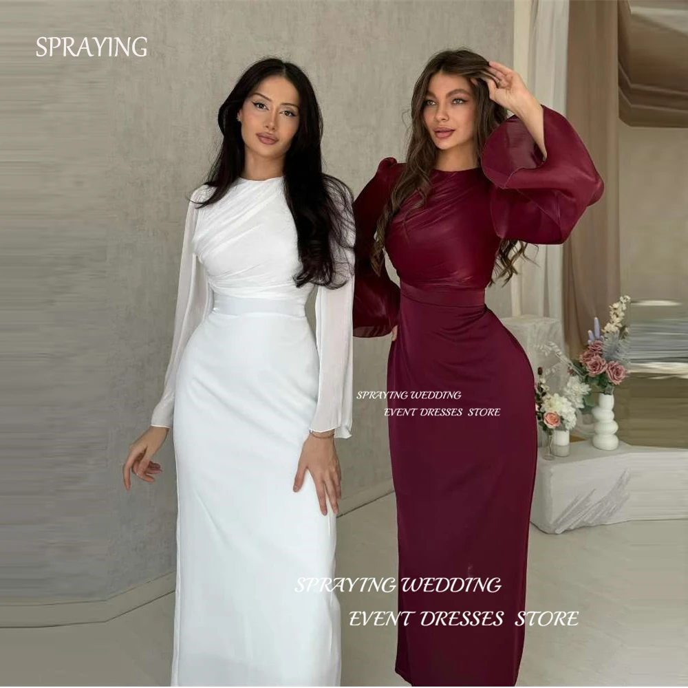 SPRAYIN Modest Simple White Evening Dresses Dubai Arabic Women Long Sleeves Formal Party Dress Wedding Guest Gowns