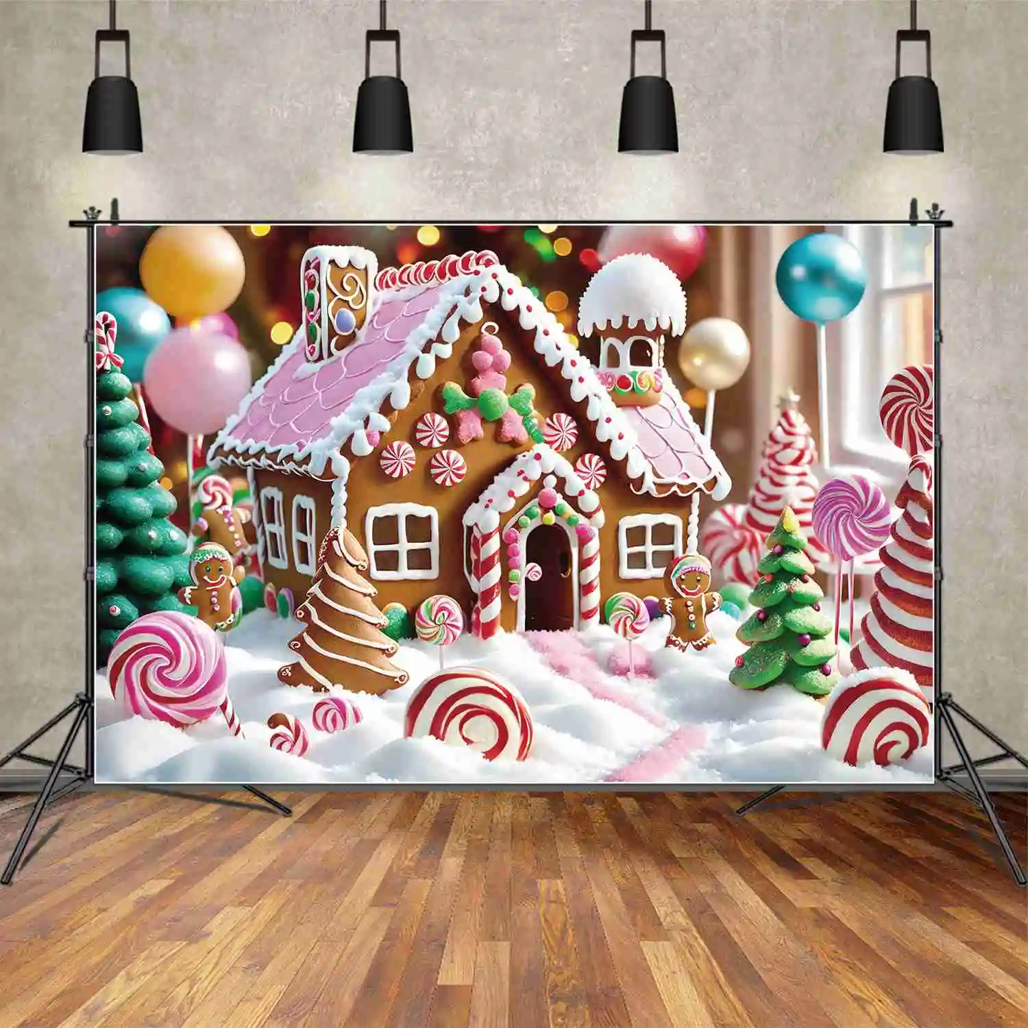 MOON.QG Backdrop Baby Christmas Party Photozone Background Children Gingerbread House Candyland Home Lollipop Photography Props