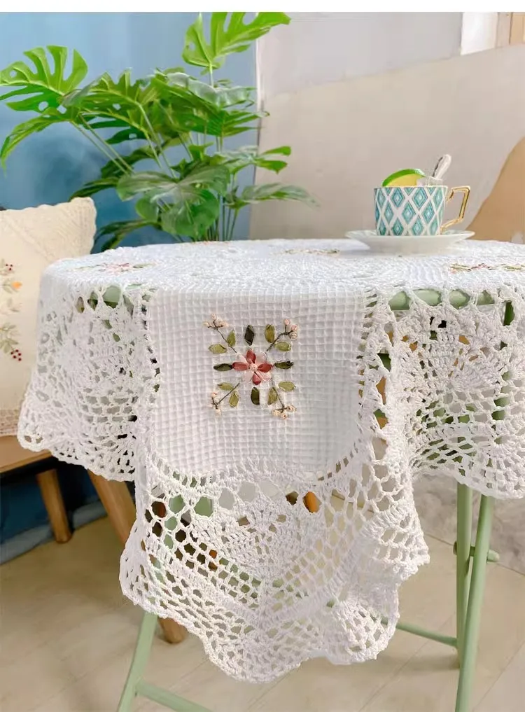 2025 free shipping crochet tablecloth with embroidery flower table coverlay ribbon flowers for home decor cotton lace towel mat