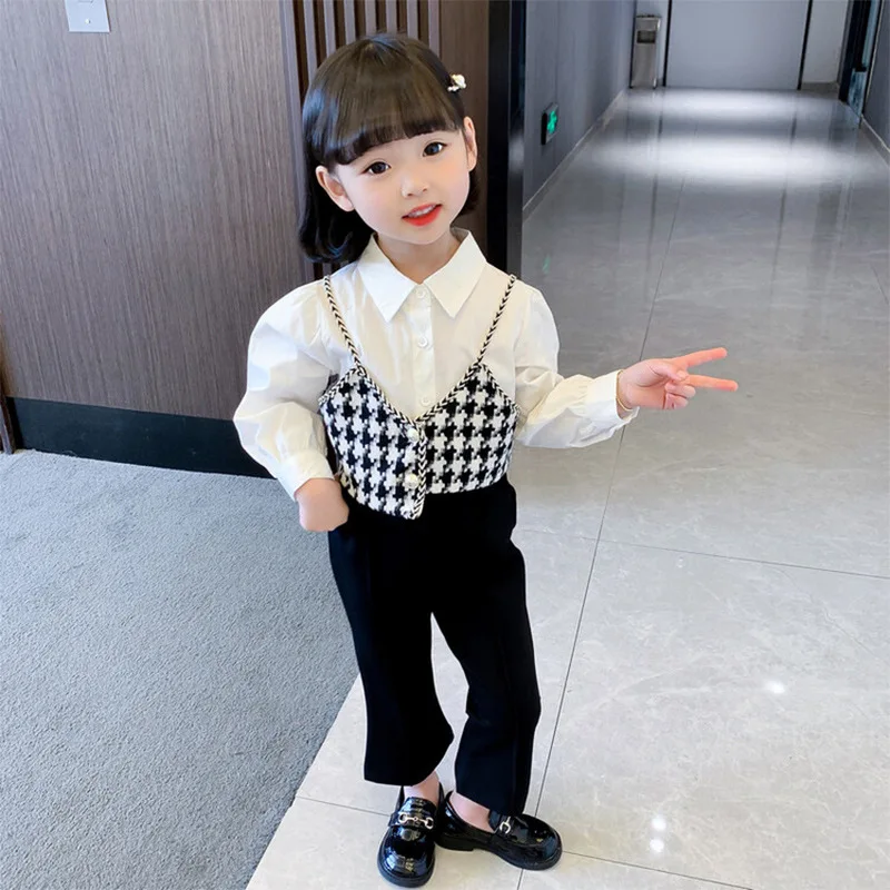 2026 Spring Autumn Baby Girls 3Pcs Outfit Flare Pants White Shirt Houndstooth Vest Children Clothing Set