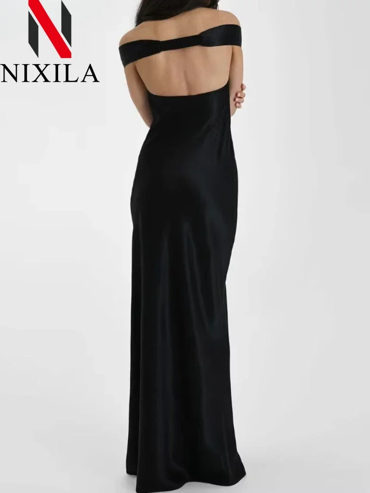 Nuovo abito lungo sexy senza schienale con fiocco in raso estivo per donna Abito moda scollo a V senza maniche Club Party Abito da sera Abbigliamento elegante