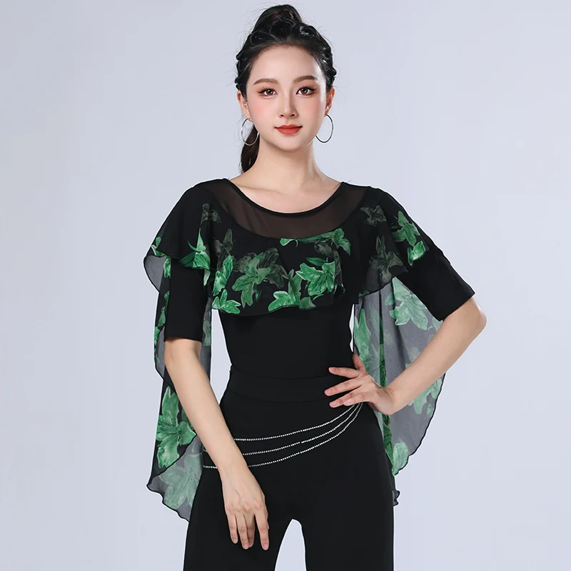 

Новый современный танцевальный топ, модный танцевальный костюм с принтом для латинских танцев и круглым вырезом