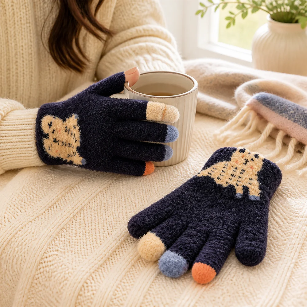 Gifts Five Fingers Knit Gloves Open Finger Warm Winter Gloves Thickened Lined Gloves Cycling