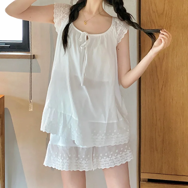 Women Sweet Girls Summer Cool Shoulder Sleeveless Lace Girl with Chest Mat Home Clothes Pajama Set 4