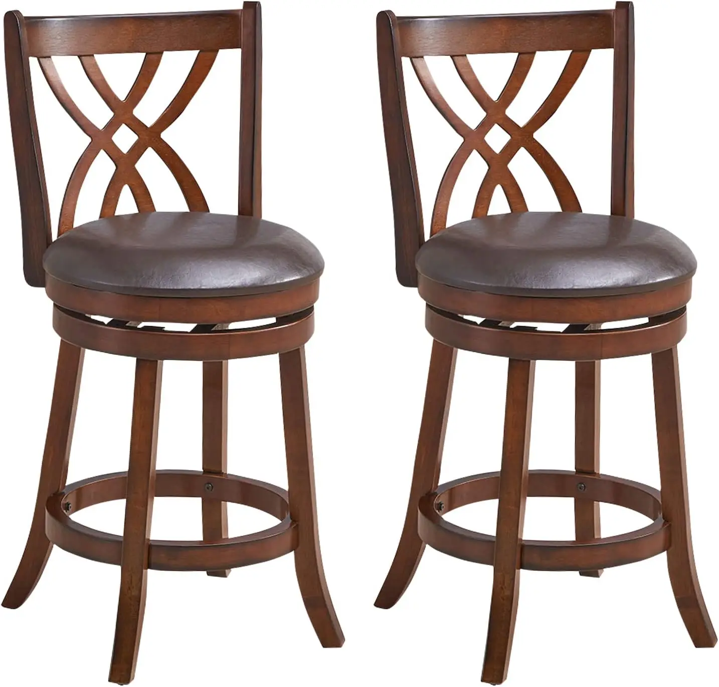 

Bar Stools Set of 2, 360° Swivel Chairs with Rubber Wood Frame, 26 Inches PU Leather Cushioned Seat and Footrests