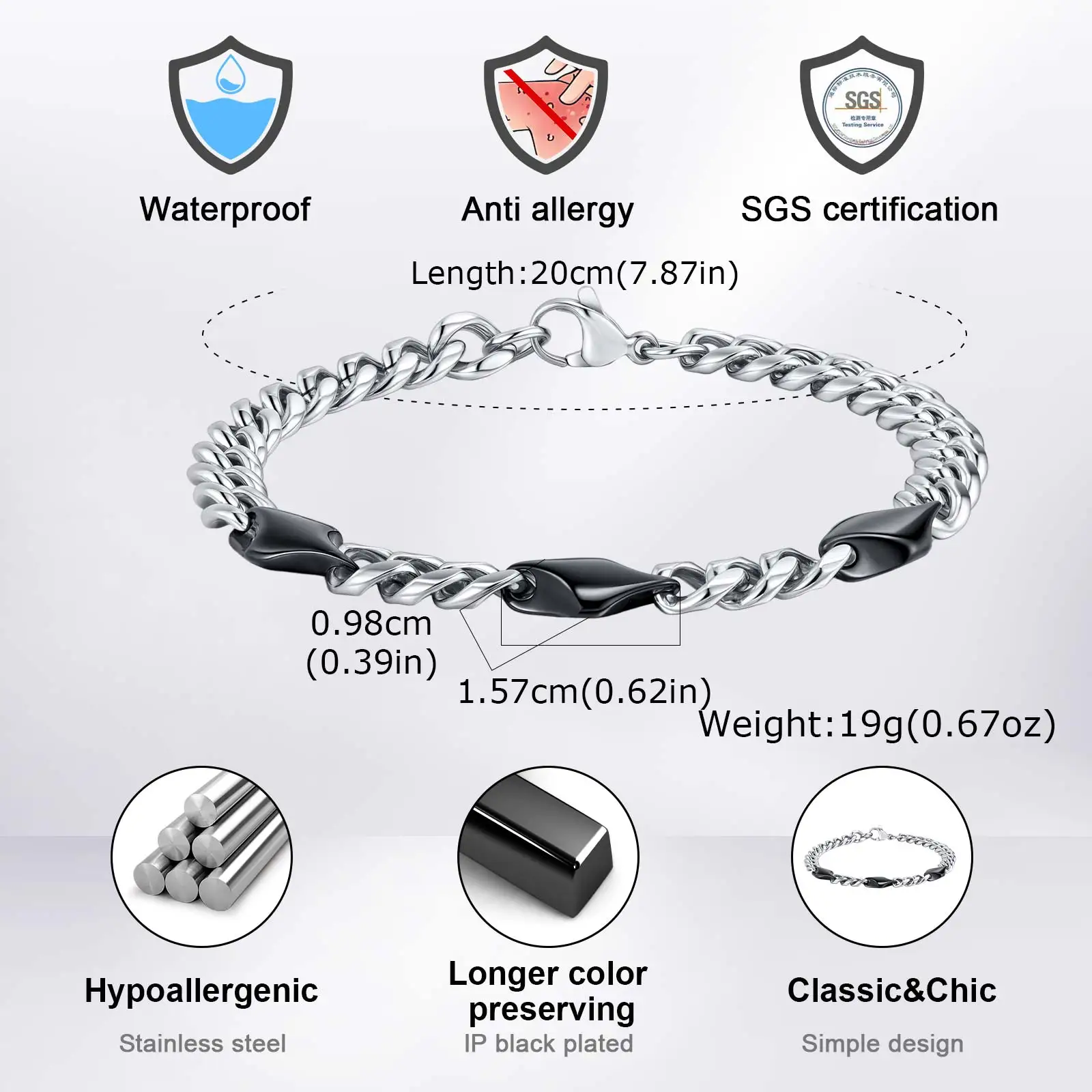 Cool Punk Stainless Steel Chain Bracelet for Men,21CM Silver Color Metal Chain Wristband,Hip Hop Jewelry Gift