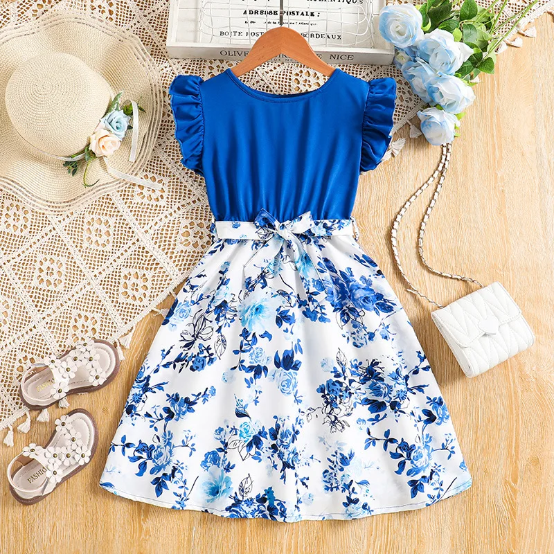 

2024 Summer New Arrival Girls Sleeveless Ruffles Patchwork Print Floral Blue Roupa Infantil Menina Cute Party Dress Custume