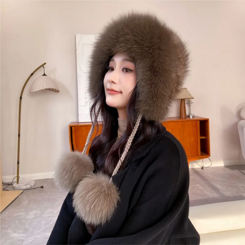 Purple fur hat for women winter warmth ear-protecting leather ball cap