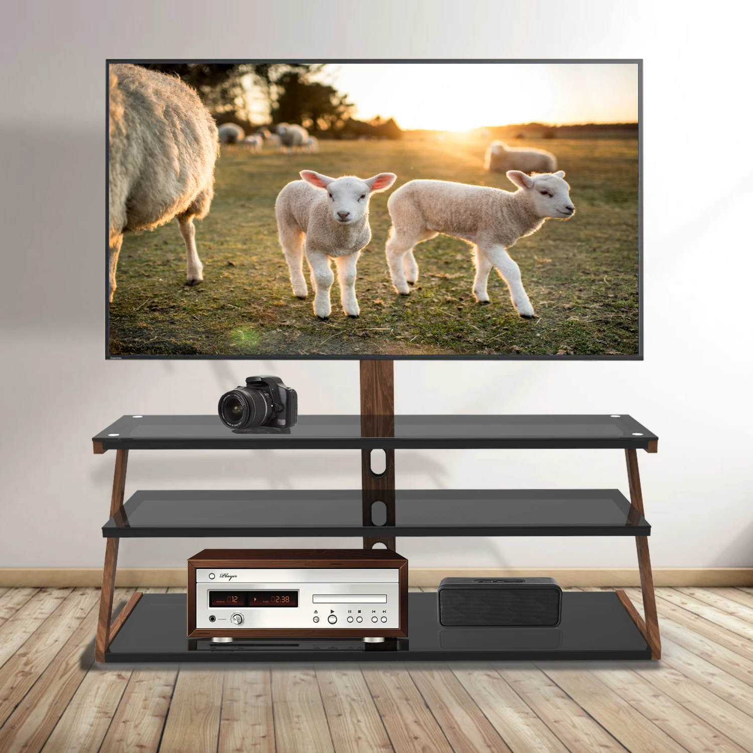 Tempered Glass Height Adjustable Universal Swivel Glass Floor Media Storage Stand With Mount Heat-Transferred Printing Metal Tub