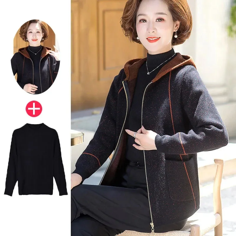 Middle Aged Mother Large Size 4XL knit Cardigan Women Fashion Loose Windbreaker Coat Autumn Winter Ladies Hooded Trench Jacket