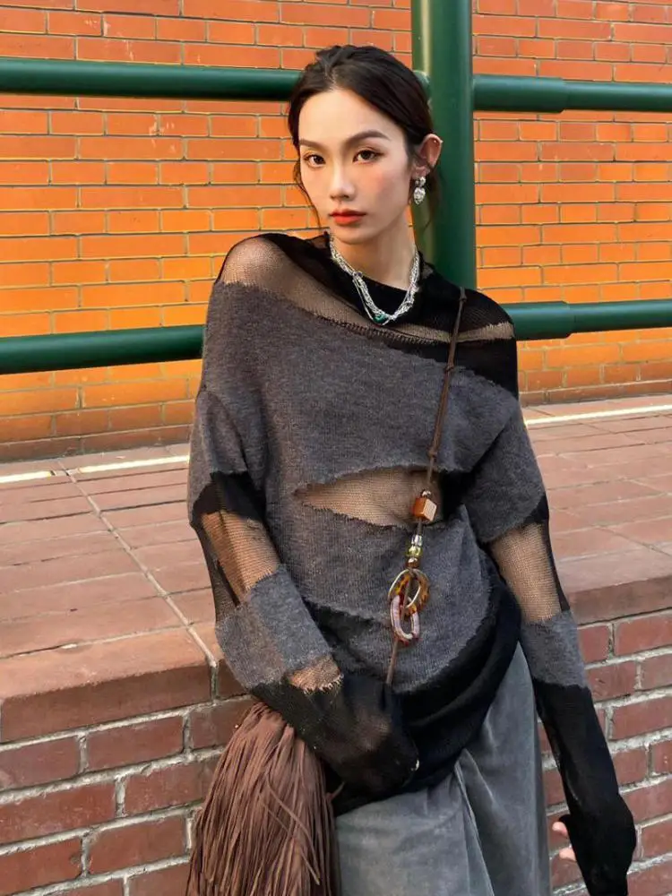 Yedinas Loose Patchwork Hollow Out Knitted Tops Long Sleeve Autumn 2023 Streetwear Thin Sweater Women Pullovers Ladies Jumper