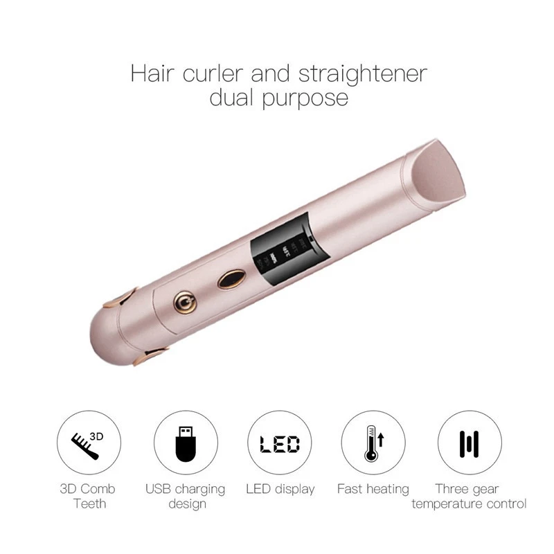 Portable Cordless Hair Straightener For Travel Mini USB Rechargeable Flat Iron With Ceramic Plates