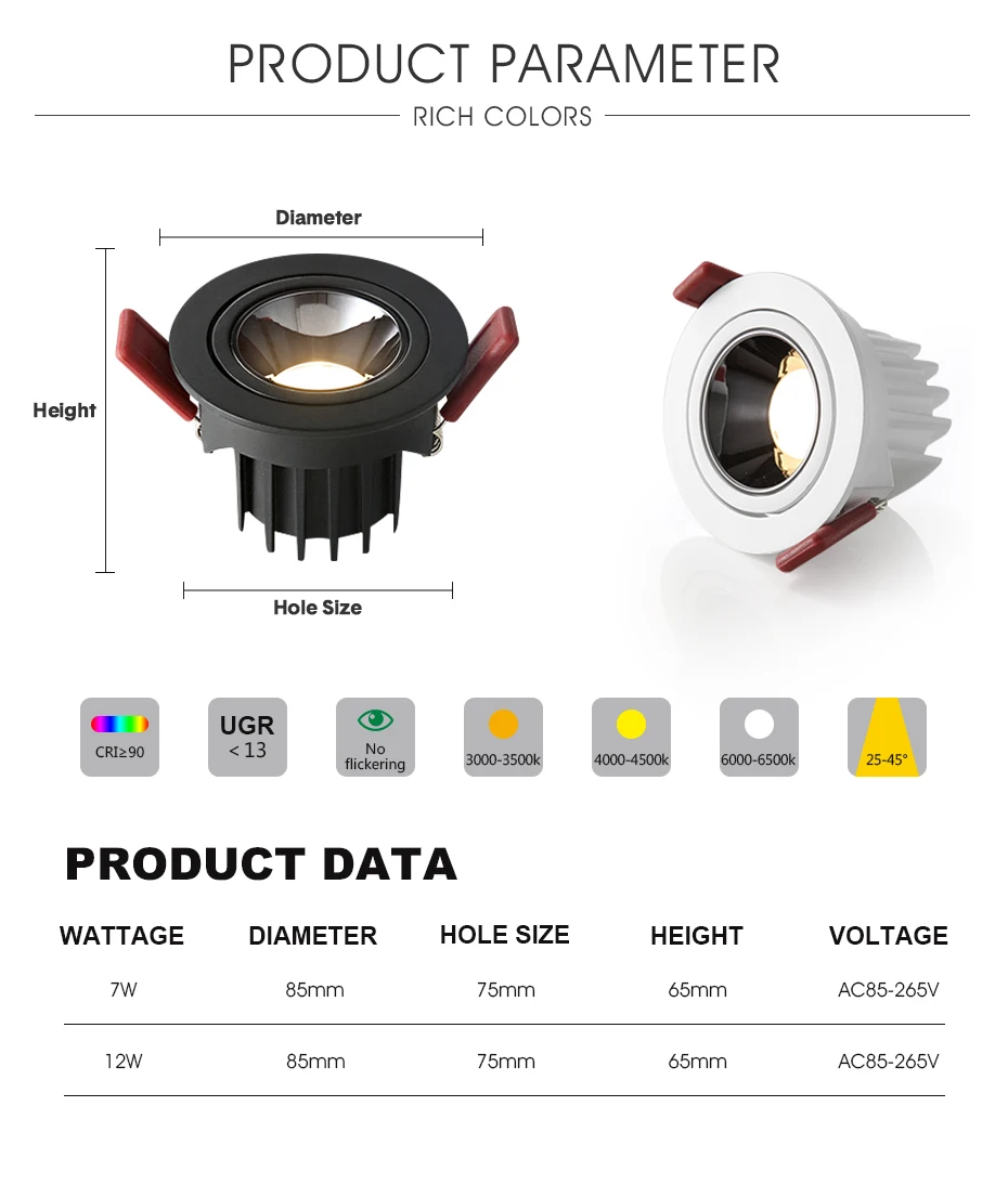 Imagem -05 - Recessed Antiofuscante Led Downlight 7w 12 Praça Pode Ser Escurecido Ac85265v Luz do Ponto da Lâmpada do Teto Casa Sala de Estar Quarto Iluminação