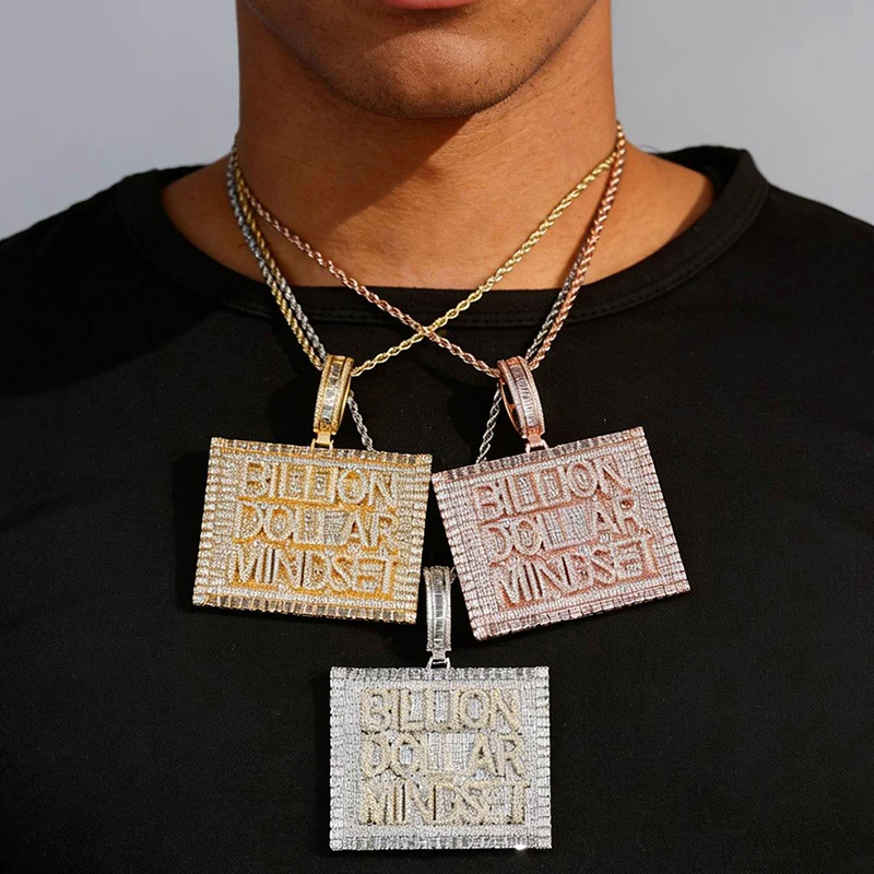 

Ожерелье с крупными квадратными подвесками Hip Hop 5A+ CZ Stone Bling Iced Out Billion Dollar Mindset для мужчин, в стиле рэперских украшений, цвета розового золота