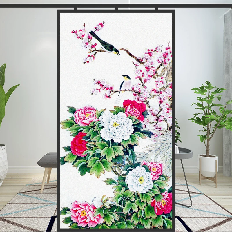 Birds Flower Decorative Window Privacy Film Frosted Glass Window Film Heat Insulation and Sunscreen  Adhesive sticker for Home