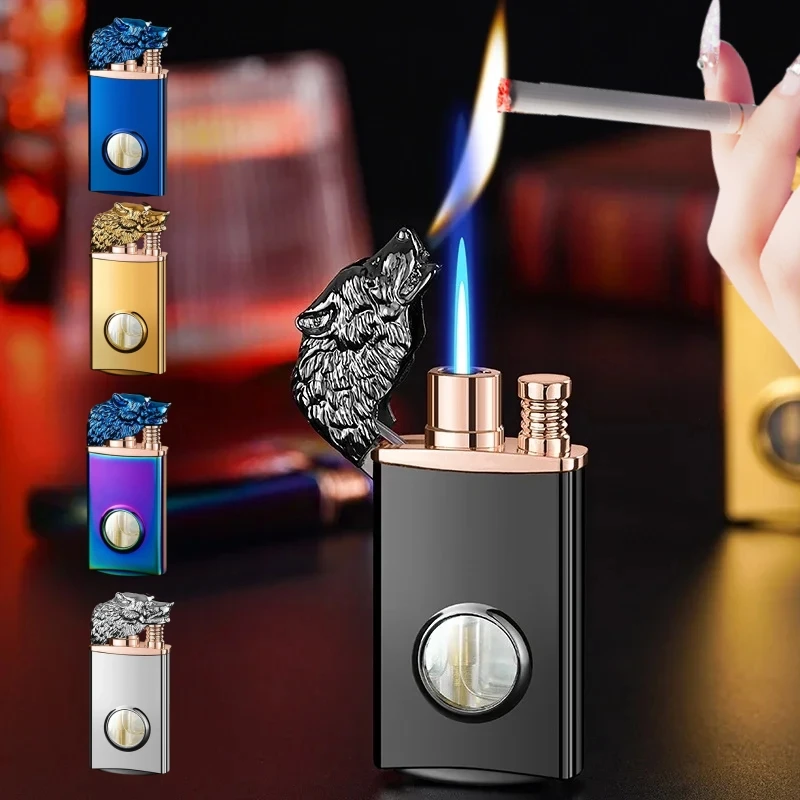 

Metal Wolf Head Double Flame Lighter Windproof Transparent Window Direct Spray Flame Conversion Open Flame Inflatable Lighter