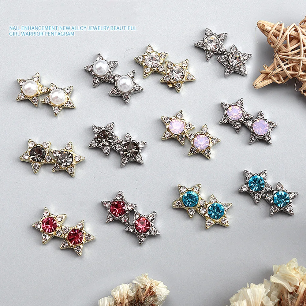 10pcs Diamond Star Nail Art Charm 3D Sailor Pearl Moon Crystal Five-Pointed-Star Nail Strass Jewelry DIY Luxury Nail Accessories