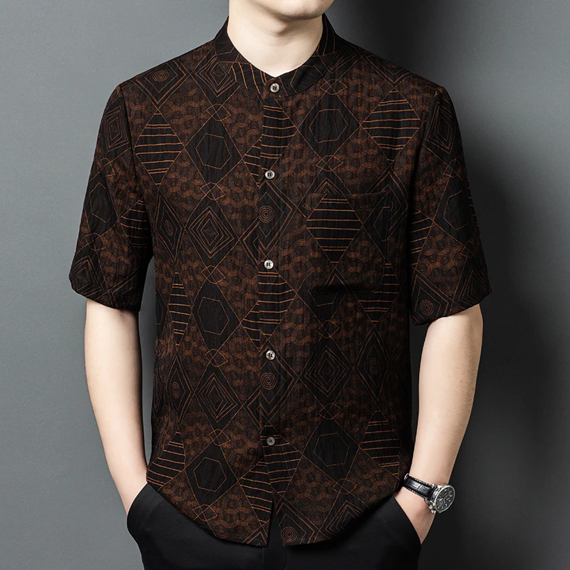 

High Cost 100% Silk Brown Shirts For Men National Style Easy Care Summer Gambiered Canton Gauze Smooth Quality Camisas De Hombre