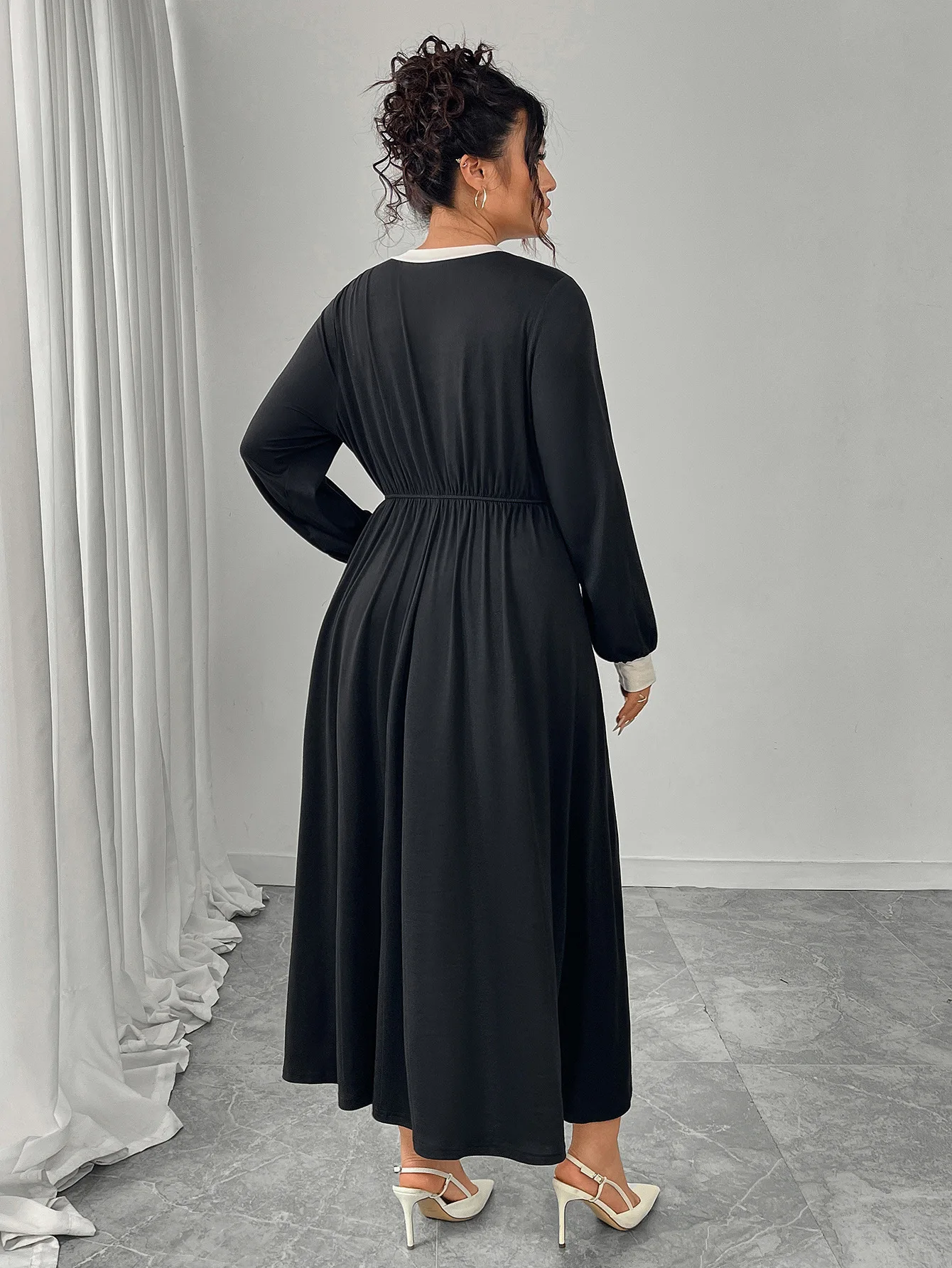 Women's Plus Size Black White Bow Trim Round Neck Long Sleeve Smocked Waist Elegant Casual Daily Fashion Midi Dress