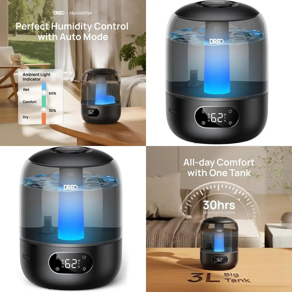 

Ультразвуковой увлажнитель воздуха 3L Top Fill для больших помещений - 30 часов работы, 26 дБ (тихий), датчик влажности, ночник, 360° ° Распылительная насадка, I