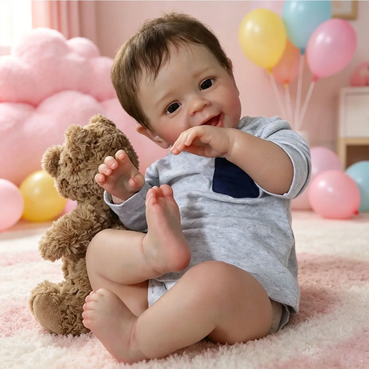 Muñecas Reborn de 22 Pulgadas, Niño, Muñeco de Bebé Recién Nacido Realista con Traje de Manga Larga Gris, Muñeco Reborn de Cuerpo Suave con Compañero Oso de Peluche, Regalo Perfecto para Niños, Colección y Juego de Roles