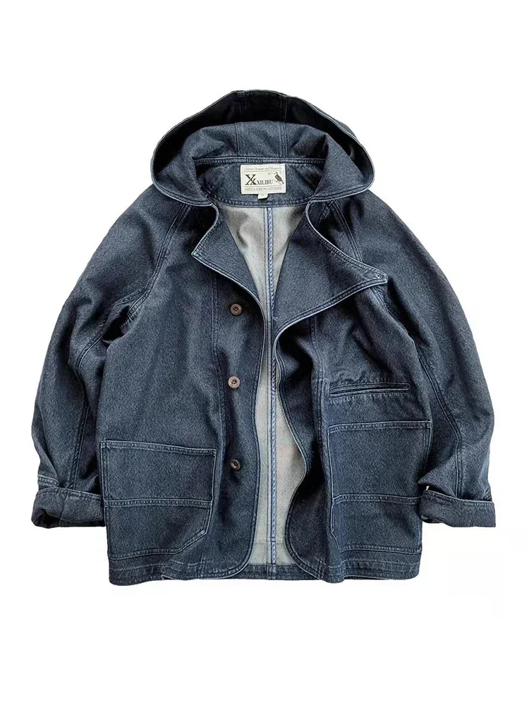 Amekaji Wear Clothes Men Loose Denim Hooded Jacket Trench Coat Japanese-Style Retro Casual