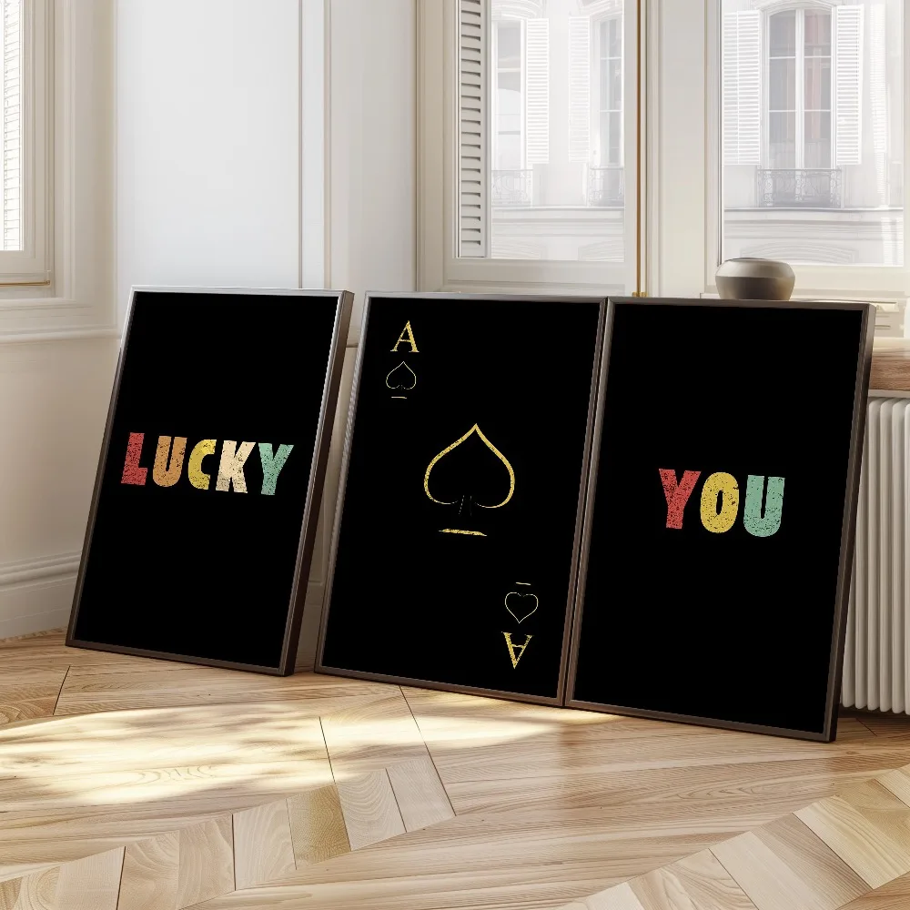 Lucky You Wall Art Set of 3, Casino Wall Art, Lucky You Ace of Spades Poster Set, Modern Card Game Poster, Poker Room Decor