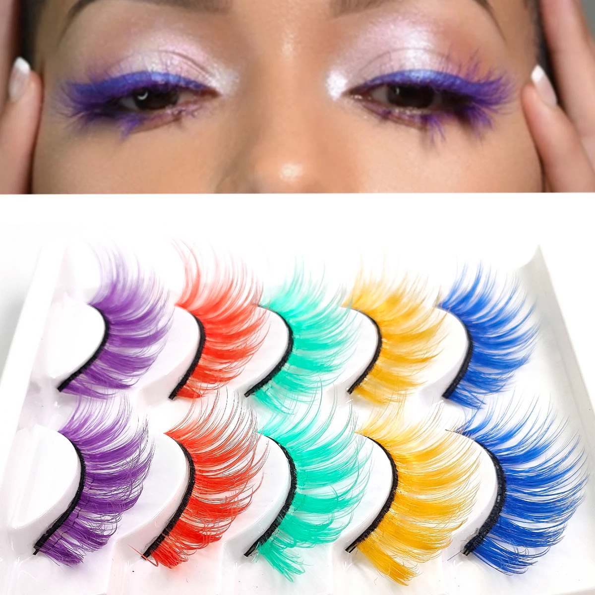 5 Paar gemischte farbige Wimpern, 3D-flauschige, bunte Streifenwimpern, lila, blau, Cosplay-Make-up-Wimpern, Halloween-Party-Wimpern