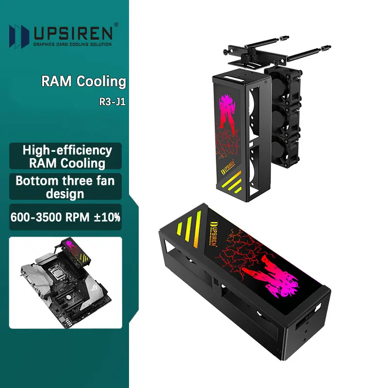 UPSIREN R3-J1 ARGB Active RAM Cooler Bottom three fan design Easy lnstallatior Premium metal casing 600-3500±10% RPM Low noise